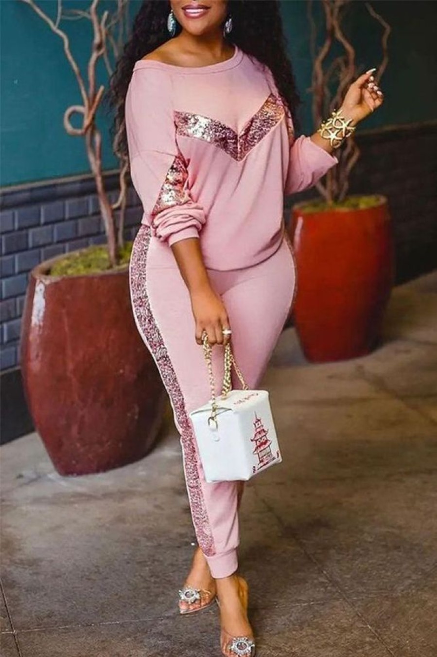 2-Pieces female | Casual Sequin Stitching Long Sleeve Round Neck Pant Suits