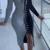 Dresses female | U Collar Colorblock Lacing Long Sleeve Dress