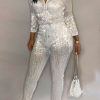 Jumpsuits & Rompers female | Solid Sequin Zip Collar Drawstring Plus Size Jumpsuit