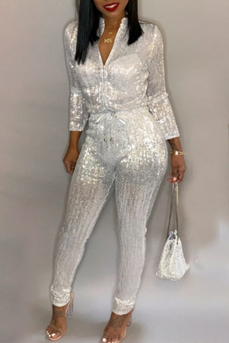 Jumpsuits & Rompers female | Solid Sequin Zip Collar Drawstring Plus Size Jumpsuit