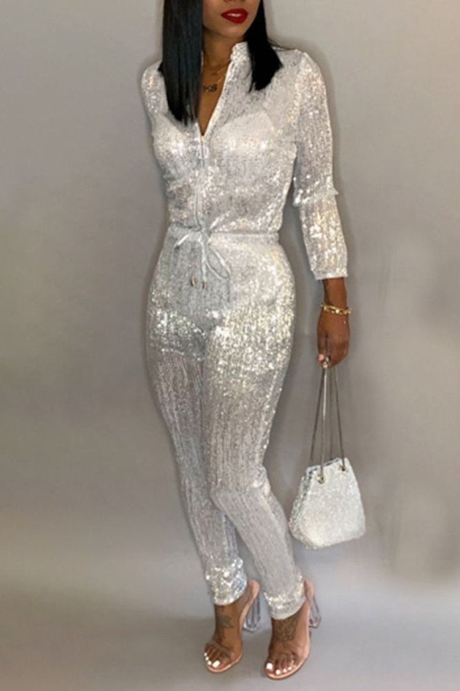 Jumpsuits & Rompers female | Solid Sequin Zip Collar Drawstring Plus Size Jumpsuit