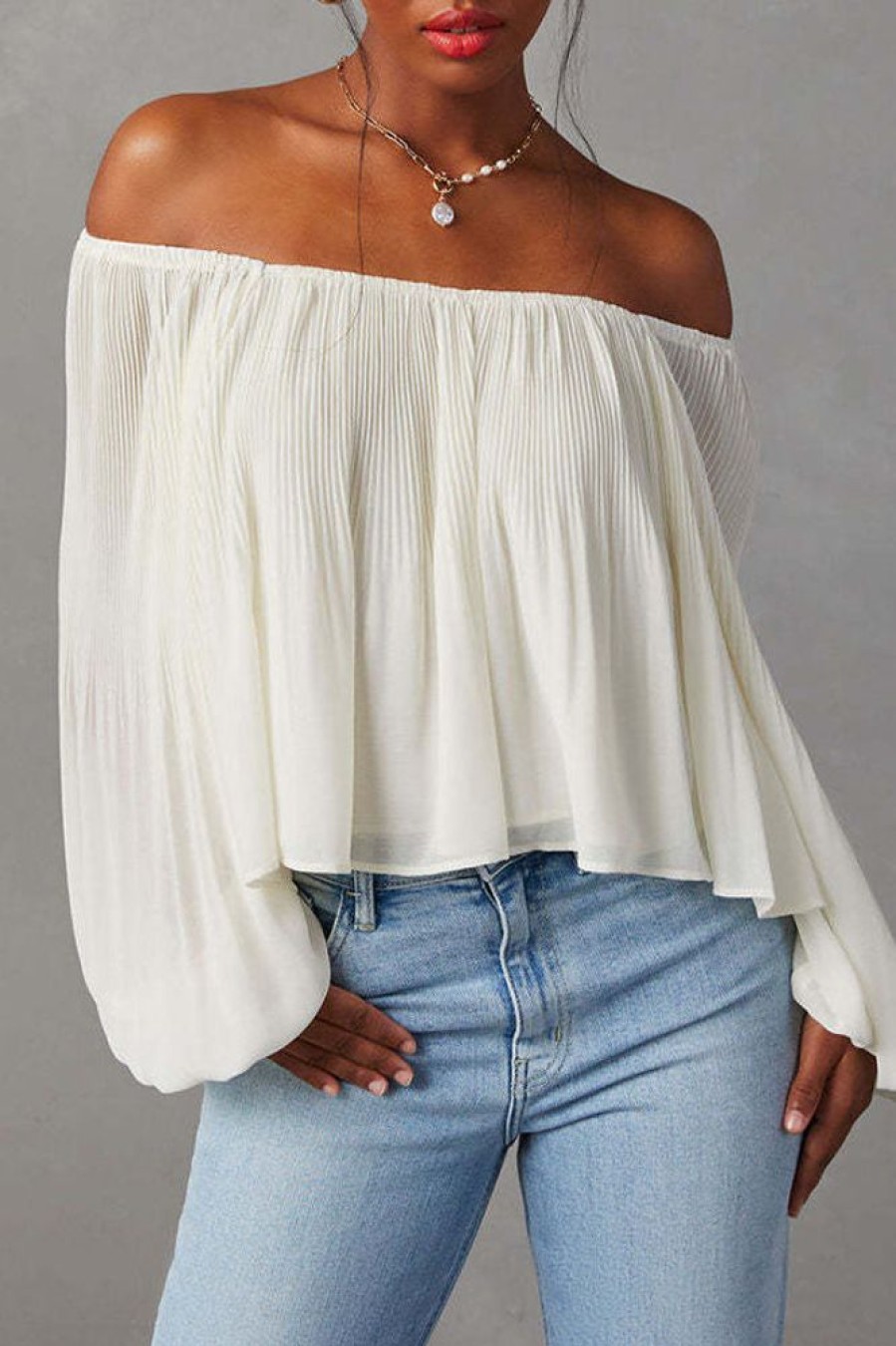 Tops & Outerwear female | Off-Shoulder Simple Lantern Sleeve Loose Long-Sleeved T-Shirt White