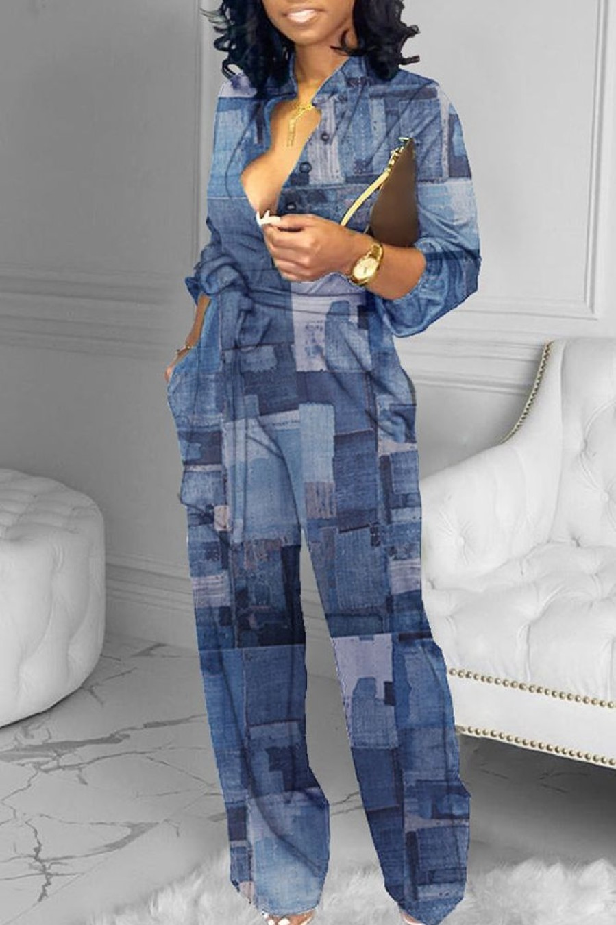 Jumpsuits & Rompers female | Denim Print Shirt Collar Belt Jumpsuit