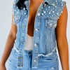 Tops & Outerwear female | Stylish Single Breasted Faux Pearl Lapel Short Denim Gilet