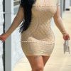 Dresses female | Fashion Sexy Diamond Mesh Beaded Long Sleeve Dress Apricot