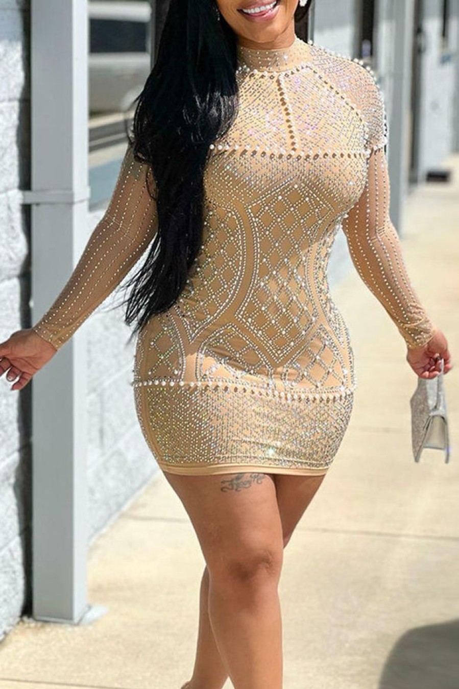 Dresses female | Fashion Sexy Diamond Mesh Beaded Long Sleeve Dress Apricot