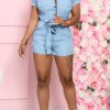 Jumpsuits & Rompers female | Fashion Pocket Casual Denim Short-Sleeved Romper (With Belt)