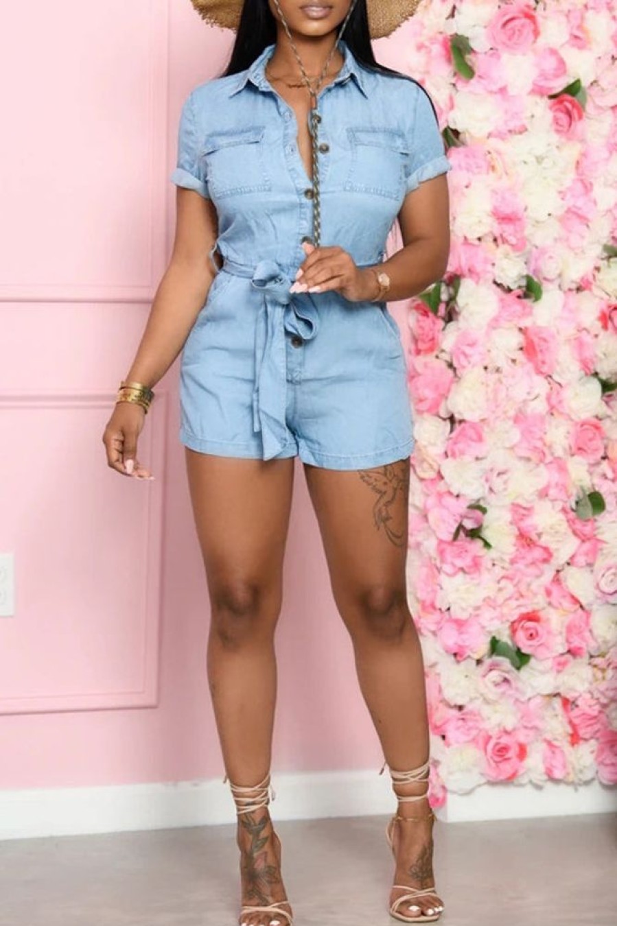 Jumpsuits & Rompers female | Fashion Pocket Casual Denim Short-Sleeved Romper (With Belt)