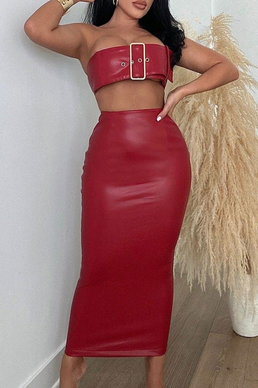 2-Pieces female | Sexy Leather Metal Buckle Tight Hip Skirt Set