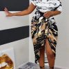 Dresses female | Off Shoulder Tie Dye Ruched Midi Dress Coffee