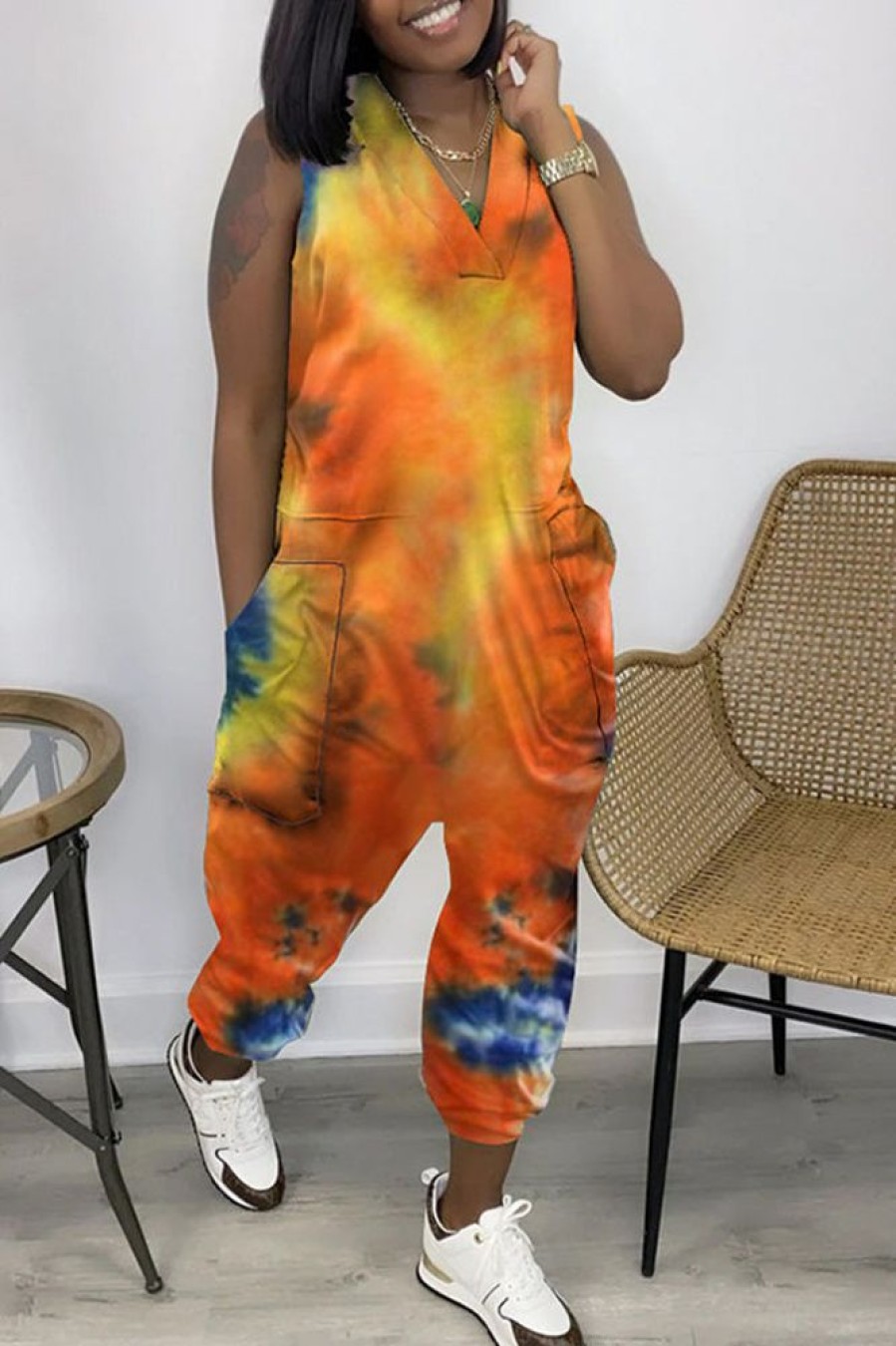 Jumpsuits & Rompers female | Casual Tie Dye V Neck Sleeveless Jumpsuit