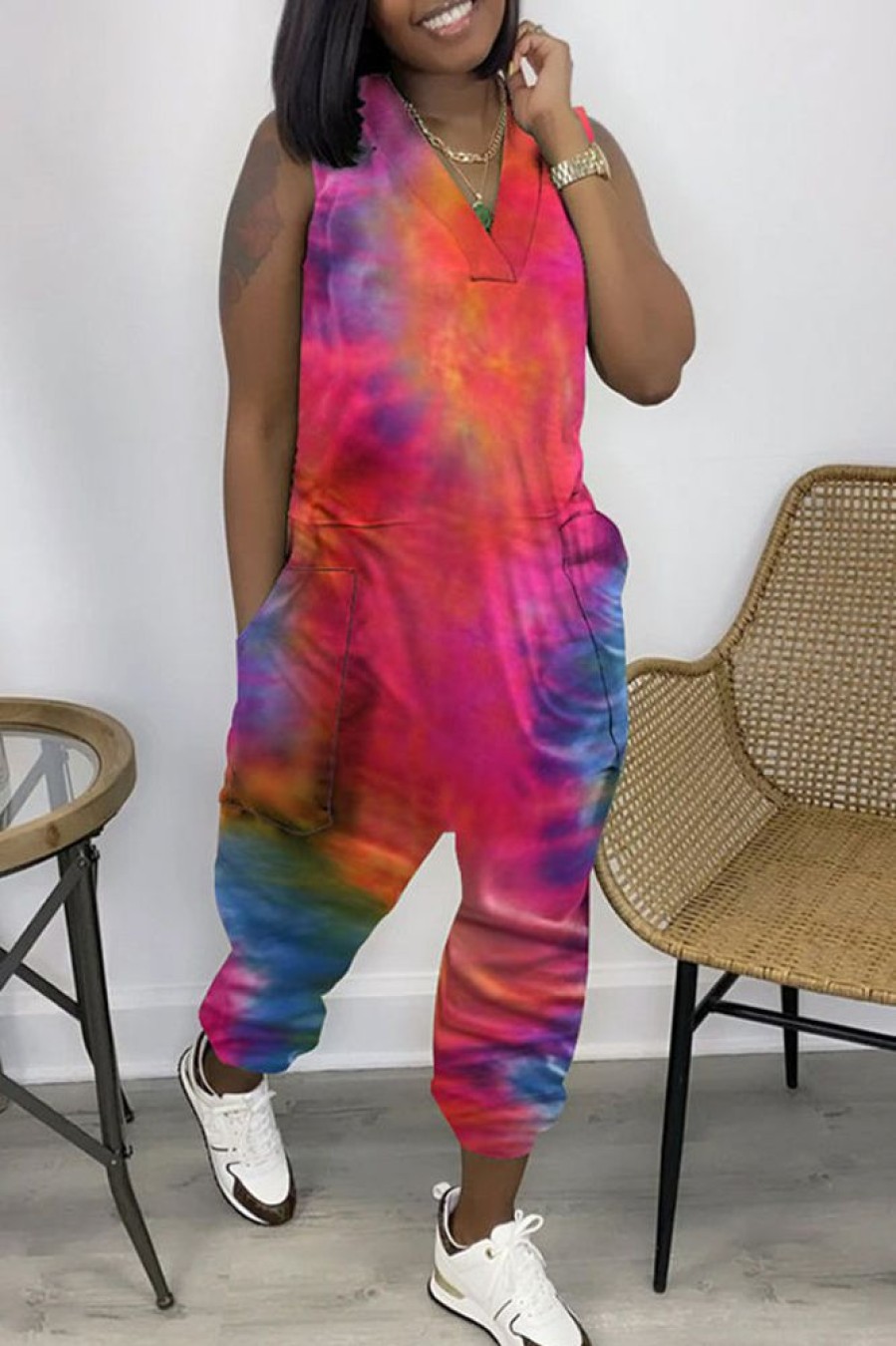 Jumpsuits & Rompers female | Casual Tie Dye V Neck Sleeveless Jumpsuit