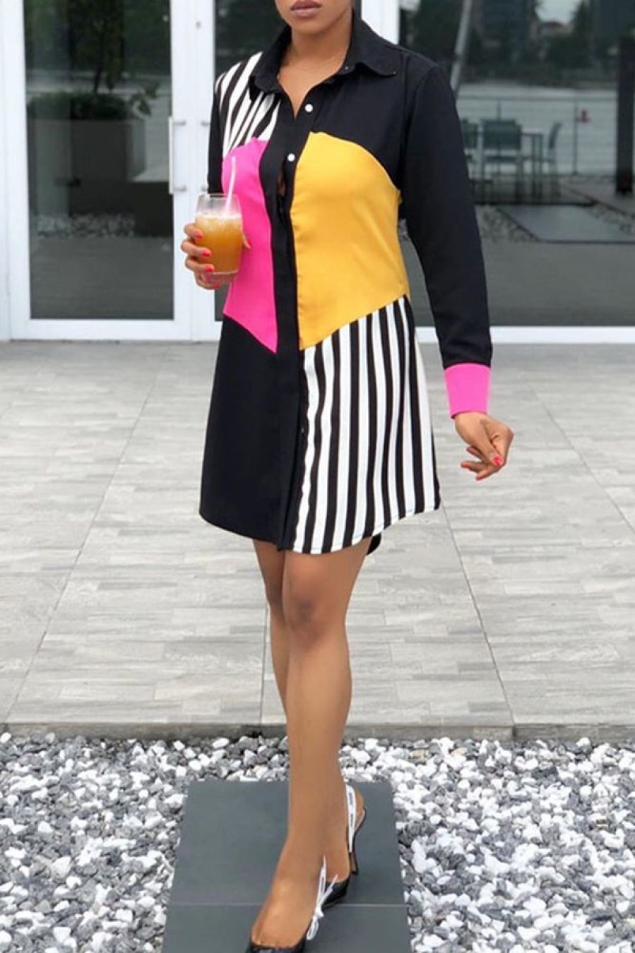 Dresses female | Fashion Striped Stitching Single Breasted Long Sleeved Midi Dress