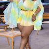 Jumpsuits & Rompers female | Loose Printed Plus Size Suspender Puff Sleeve Rompers Yellow