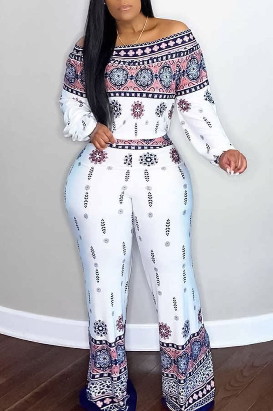 2-Pieces female | Fashion Positioning Printed Flared Pant Suits White