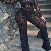 Jumpsuits & Rompers female | Fashionable Sexy Leopard Jacquard Mesh Wide Leg Jumpsuit Black