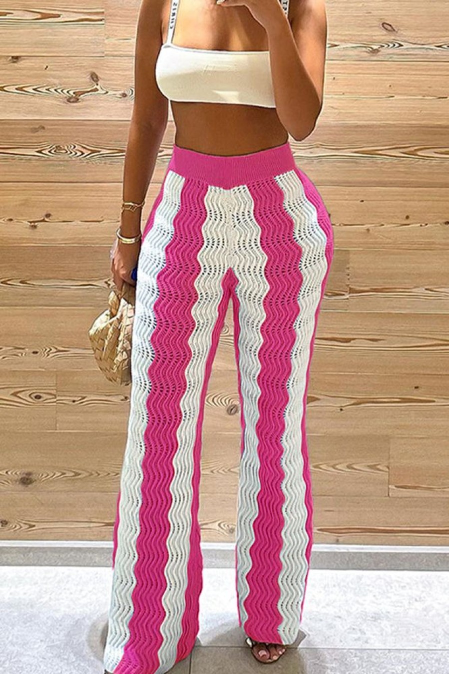 Bottoms female | Fashionable Wavy Knitted High-Waisted Wide-Leg Pants