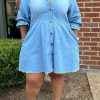 Dresses female | Denim Ruffle Raglan Sleeve Pocket Shirt Dress Wathet Blue