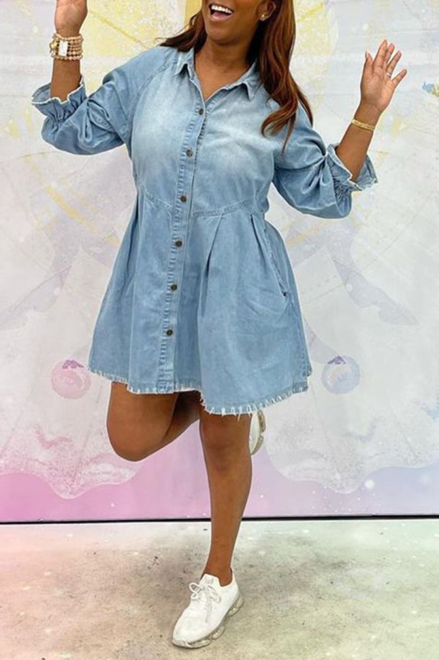 Dresses female | Denim Ruffle Raglan Sleeve Pocket Shirt Dress Wathet Blue