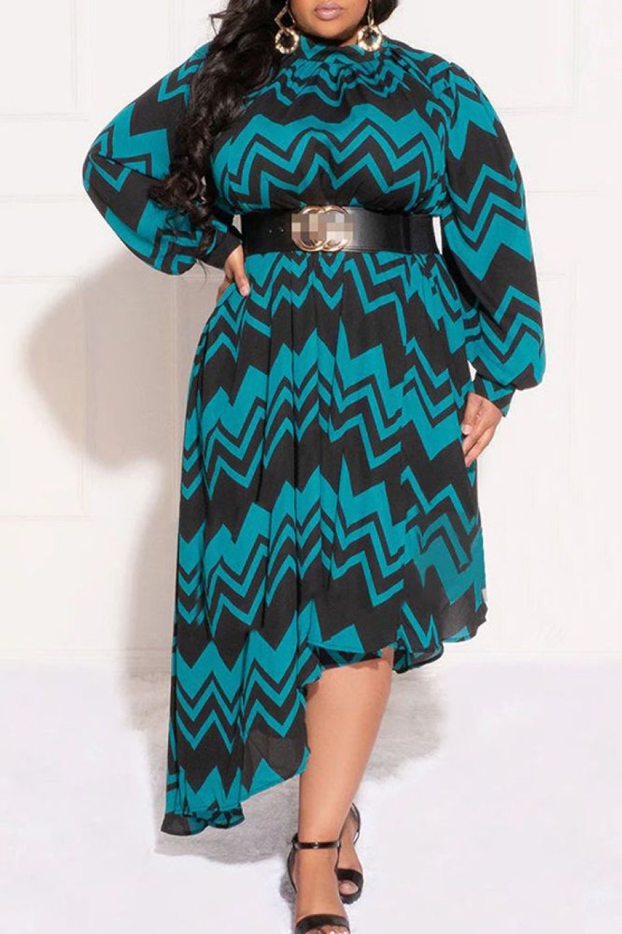 Dresses female | Fashion Stripe Printed Long Sleeve Irregular Plus Size Maxi Dress (Without Belt)