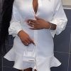 Dresses female | Solid Flounce Shirt Collar Long Sleeve Plus Size Dress