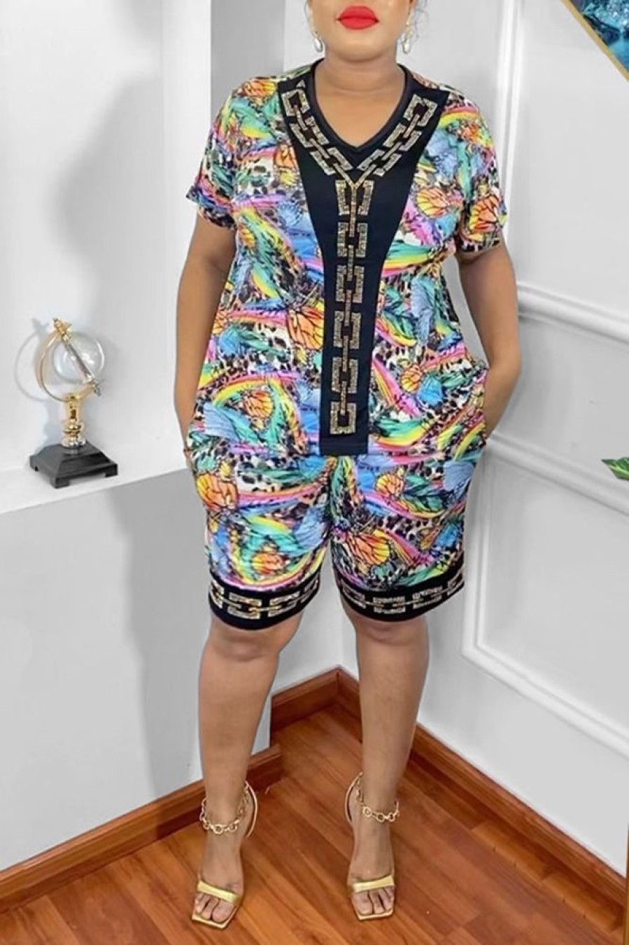 2-Pieces female | Casual Plus Size Print Short Sleeve Loose Top Shorts Set Blue