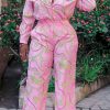 Jumpsuits & Rompers female | Chain Print Fashion Shirt Collar Commuter Long Sleeve Jumpsuit Pink