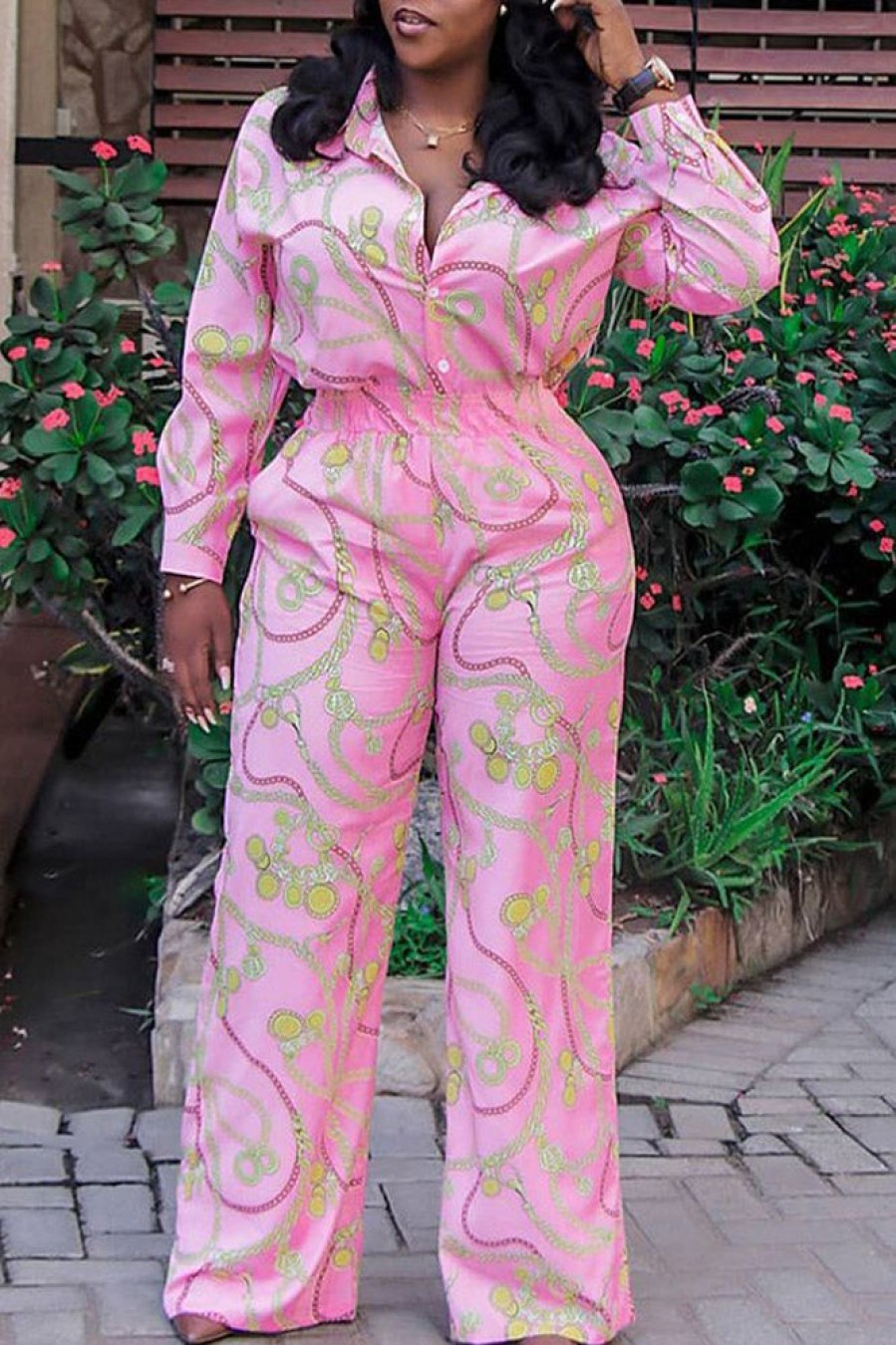 Jumpsuits & Rompers female | Chain Print Fashion Shirt Collar Commuter Long Sleeve Jumpsuit Pink