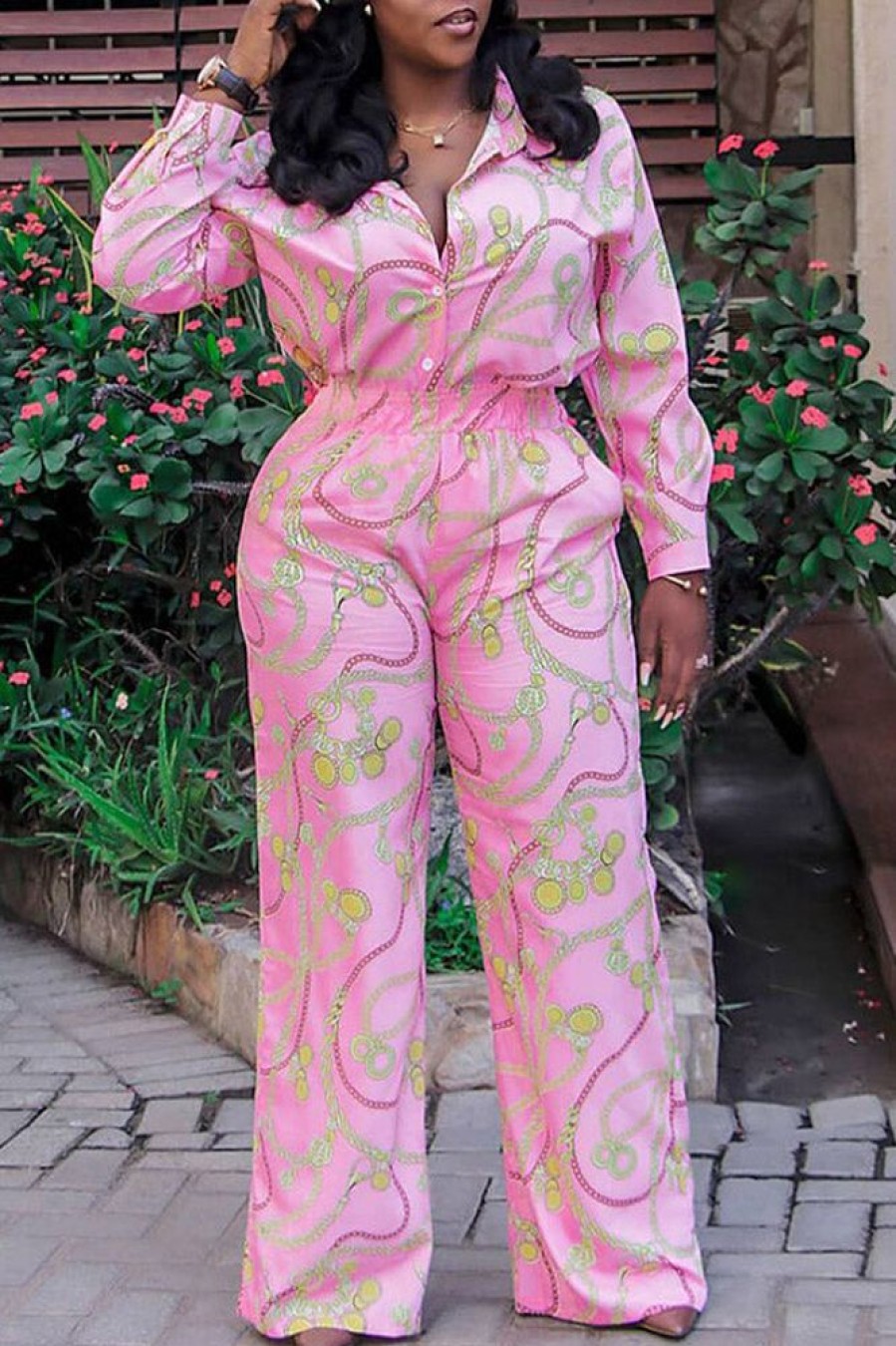 Jumpsuits & Rompers female | Chain Print Fashion Shirt Collar Commuter Long Sleeve Jumpsuit Pink