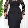 Dresses female | Commuter Print Stitching Long Sleeve Slim Fit Midi Dress Black