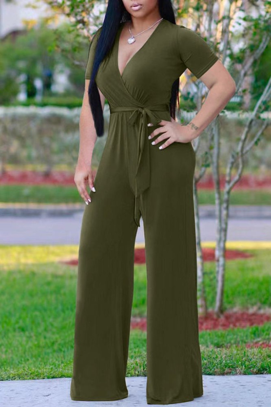 Jumpsuits & Rompers female | Pretty Solid Color Short Sleeve Belt Jumpsuit