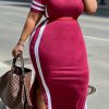 Dresses female | Plus Size Striped Short Sleeve Slit Maxi Dress