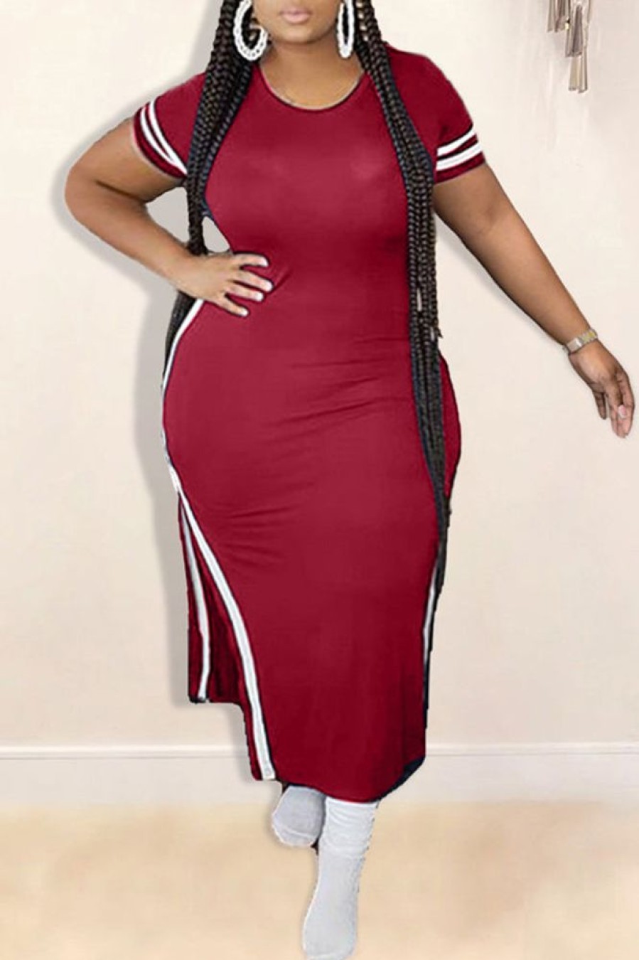 Dresses female | Plus Size Striped Short Sleeve Slit Maxi Dress