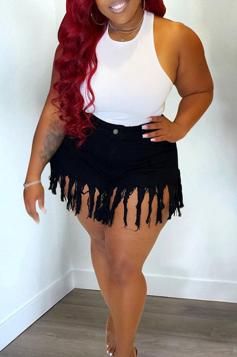 Bottoms female | Fashion High Waist Tassels Plus Size Denim Shorts Black