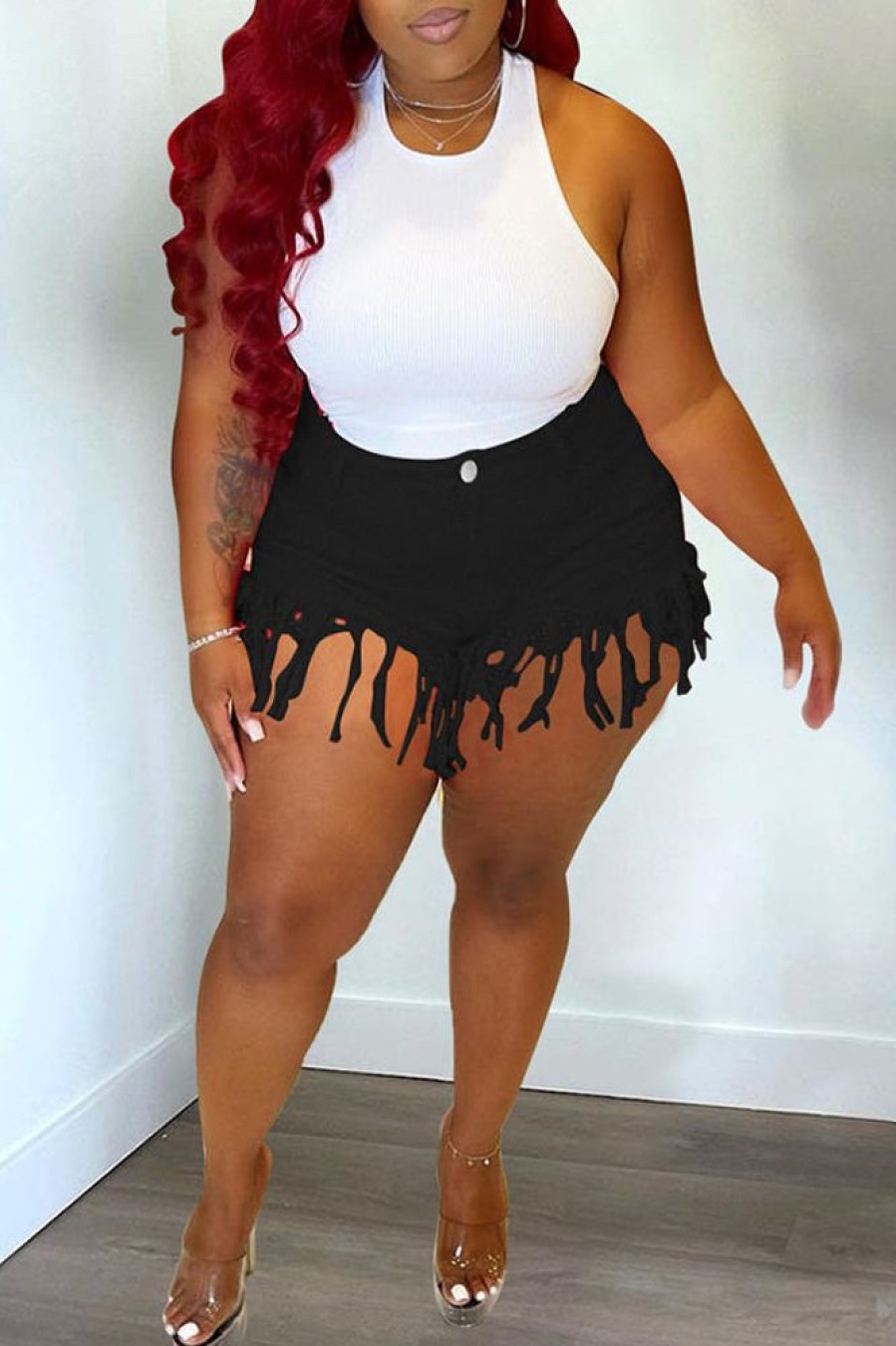 Bottoms female | Fashion High Waist Tassels Plus Size Denim Shorts Black