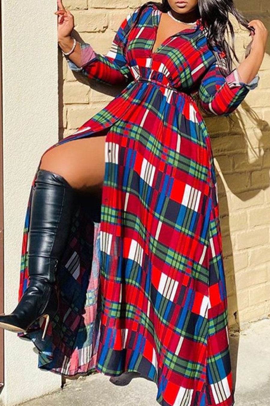 Dresses female | Plus Size Plaid Print Long-Sleeved Single-Breasted Shirt Dress Red