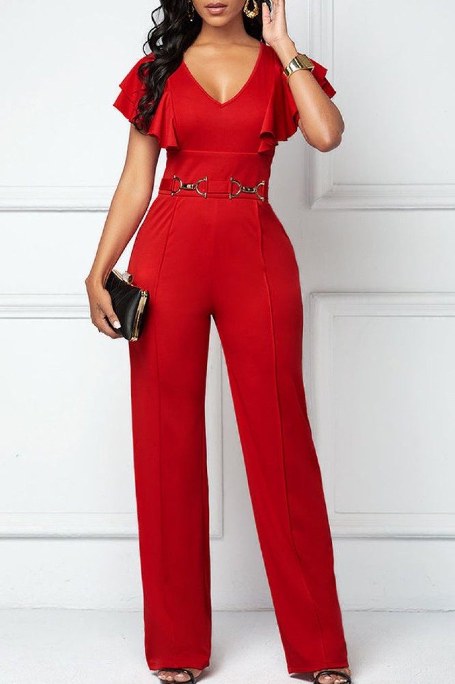 Jumpsuits & Rompers female | Casual Fashion Laye Ruffle Sleeve V-Neck Jumpsuit