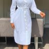 Dresses female | Fashion Solid Color Button Long Sleeved Midi Dress (Without Belt)