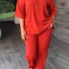 2-Pieces female | Simple Half Sleeve Solid Color Loose Hoodie Straight-Leg Pant Suits