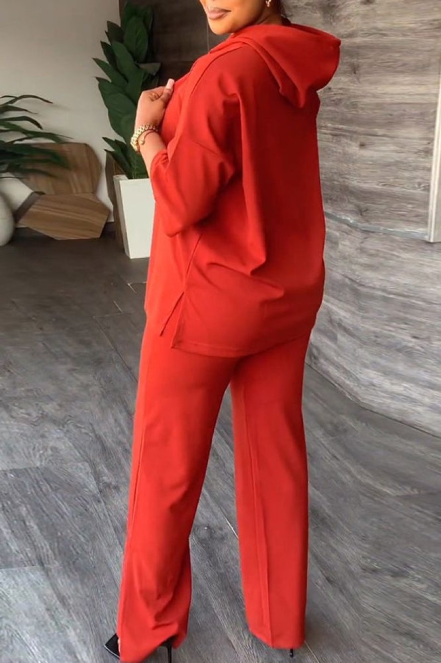 2-Pieces female | Simple Half Sleeve Solid Color Loose Hoodie Straight-Leg Pant Suits