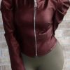 Tops & Outerwear female | Fashion Round Neck Faux Leather Solid Color Zip Slim Short Jacket