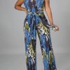 Jumpsuits & Rompers female | Fashion Leaf Print Sleeveless Lace Up Jumpsuit Blue