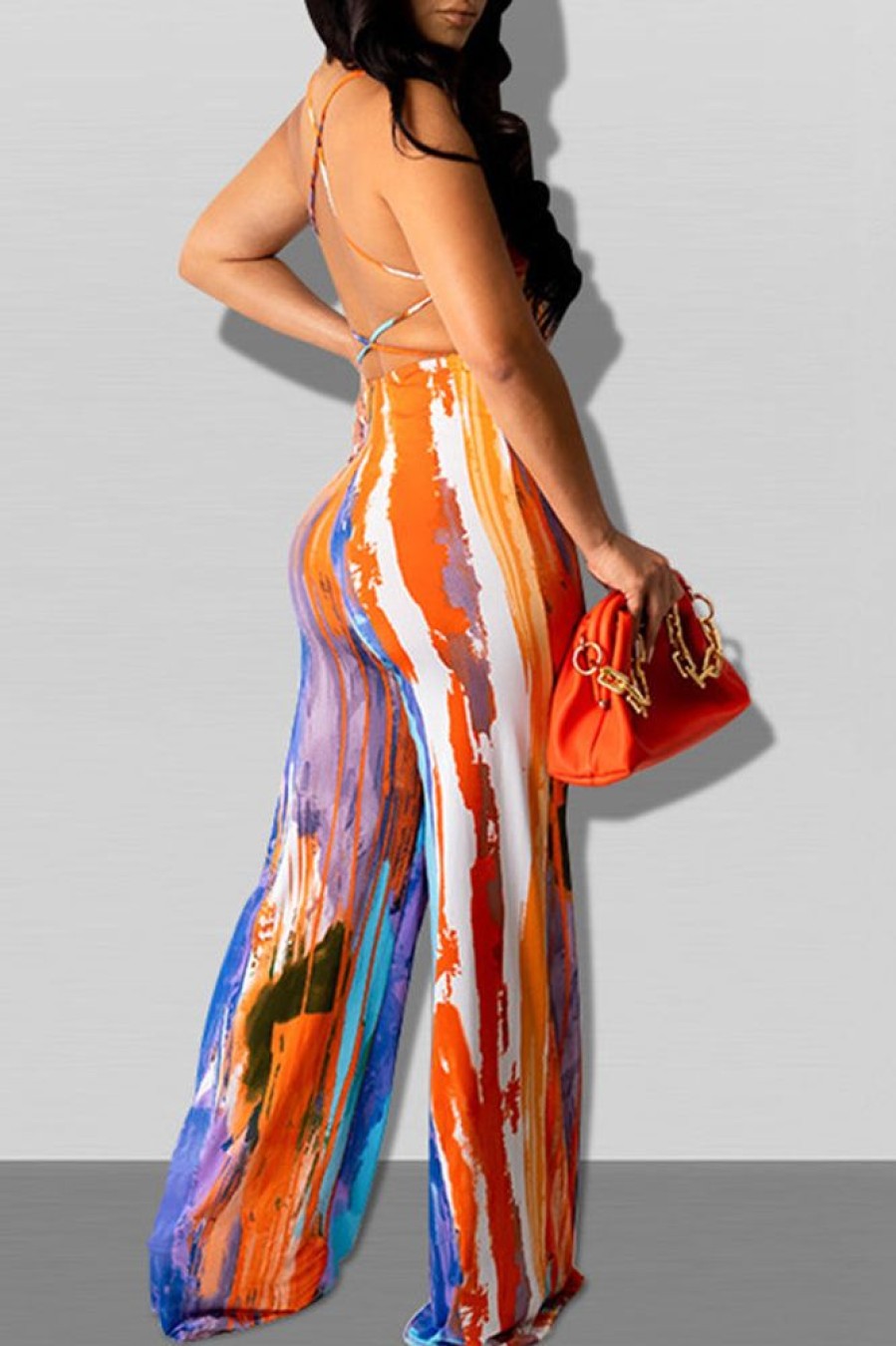 Jumpsuits & Rompers female | Abstract Print Backless Suspender Jumpsuit Orange