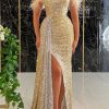 Dresses female | Elegant Irregular Draped Slim Fit Slit Gown Maxi Dress Gold