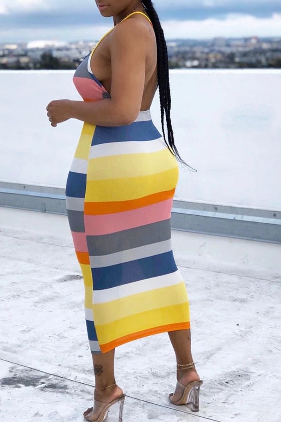 Dresses female | Fashion Color Matching Casual Printed Striped Suspender Dress Yellow