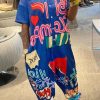 Jumpsuits & Rompers female | Fashion Wide Leg Printed Short Sleeve Casual Sports Jumpsuit Blue