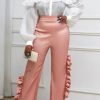 Bottoms female | Temperament Plus Size Solid Color Ruffle Straight-Let Pants Pink