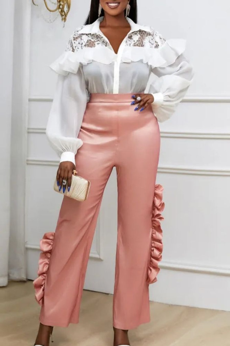 Bottoms female | Temperament Plus Size Solid Color Ruffle Straight-Let Pants Pink