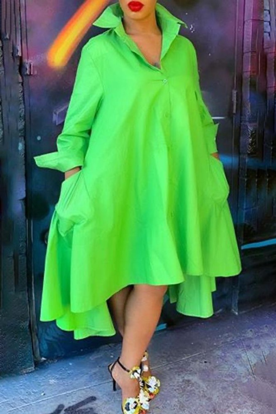 Dresses female | Simple Solid Color Irregular Shirt Maxi Dress Green