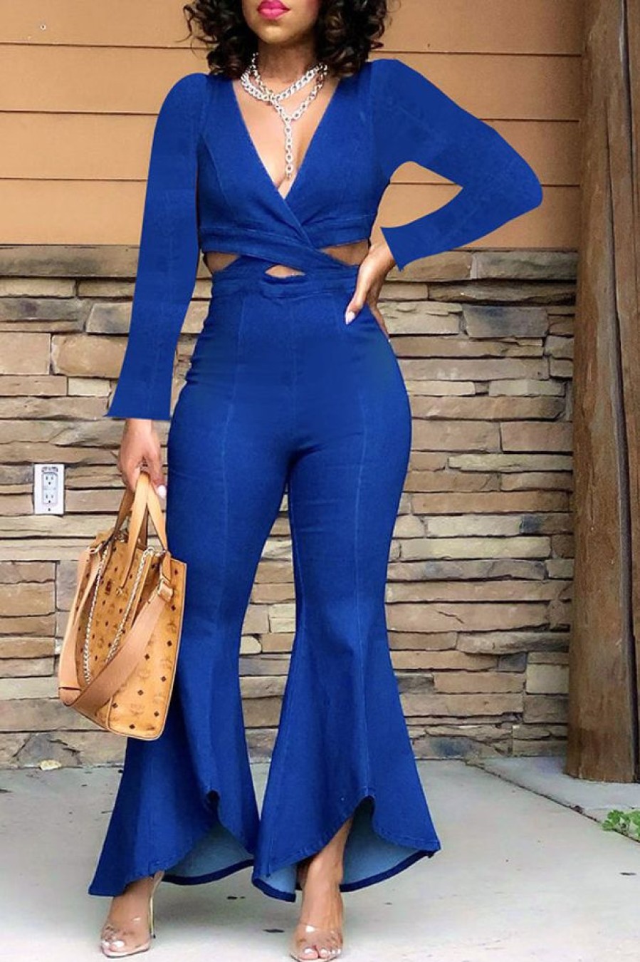 Jumpsuits & Rompers female | Cross V-Neck Long-Sleeved Flared Wide-Leg Denim Jumpsuit Navy Blue